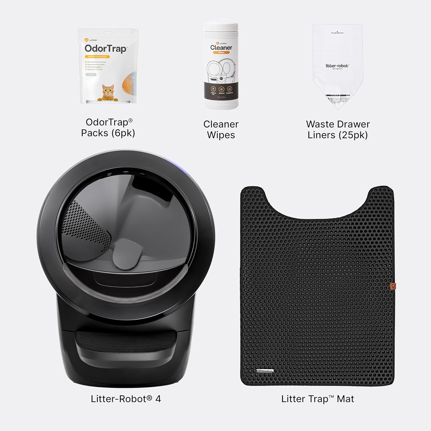 Litter-Robot 4 Core Bundle by Whisker, Black - Automatic, Self-Cleaning Cat Litter Box, Includes Litter-Robot 4, 6 OdorTrap Refills, 25 Liners, 30 Cleaner Wipes, Mat & Fence