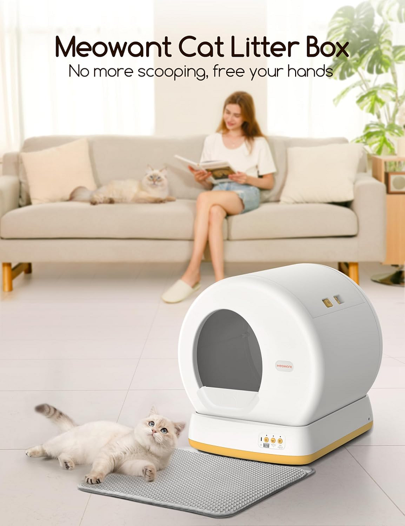 MeoWant Self-Cleaning Cat Litter Box, Advanced Safety System Automatic Cat Litter Box Perfect for Multi Cats, Extra Large/Odor Control/APP Control Smart Cat Litter Box with Mat & Liner, Yellow