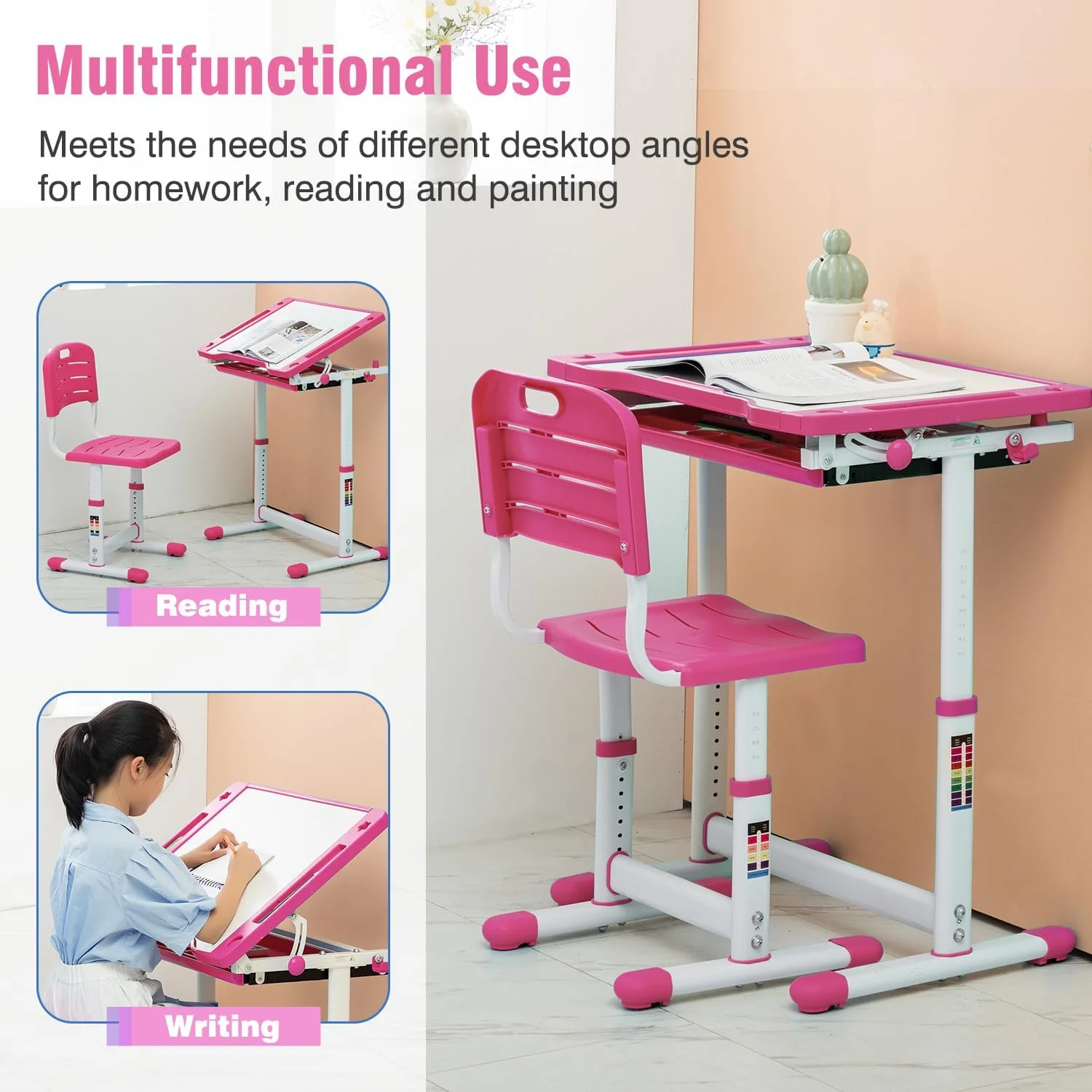 PayLessHere Kids Desk and Chair Set,Height Adjustable with Pull Out Drawer Storage,Pink
