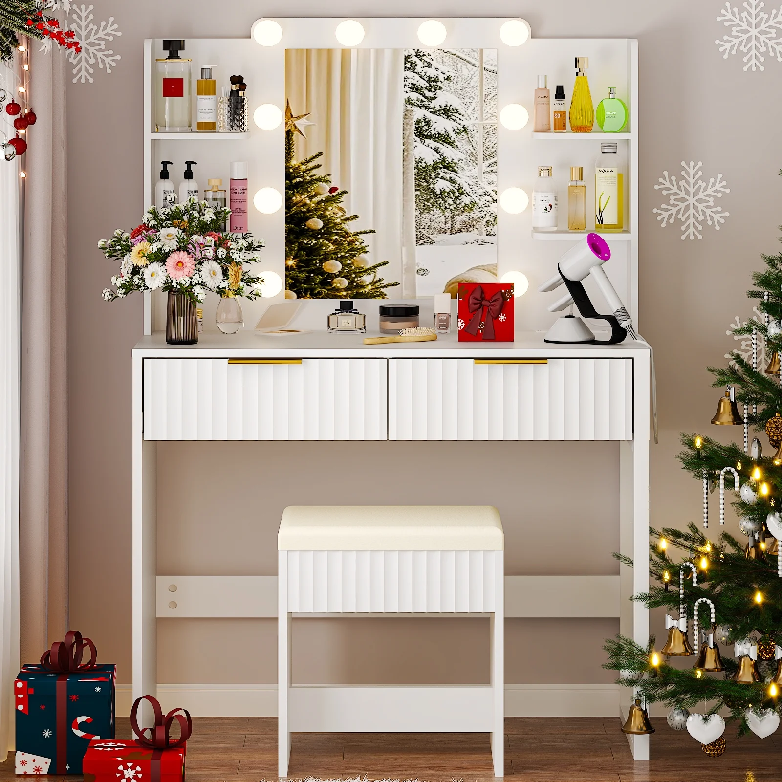 Ktaxon Lighted Makeup Vanity, White Vanity Table Set with 2 Drawer and Charging Station, Femal Gift