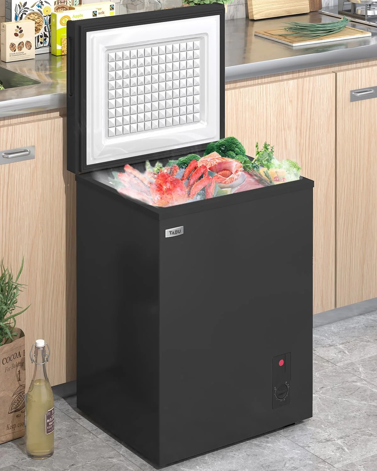 TABU 3.5 Cu ft Chest Freezer,Deep Freezer with Top Open Door and Removable Storage Basket, (Black)