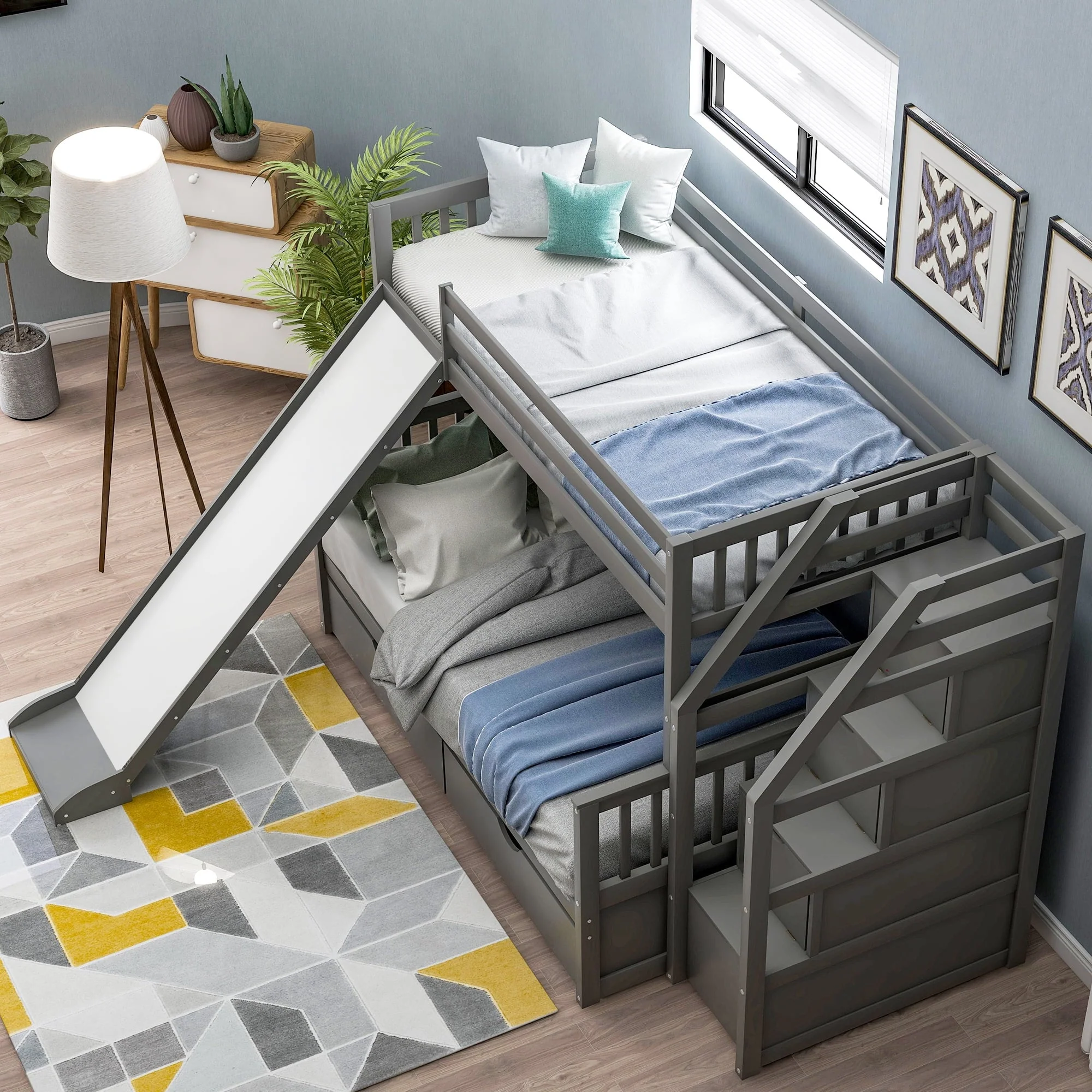 Euroco Wood Twin Over Full Bunk Bed with Drawers and Slide, Gray