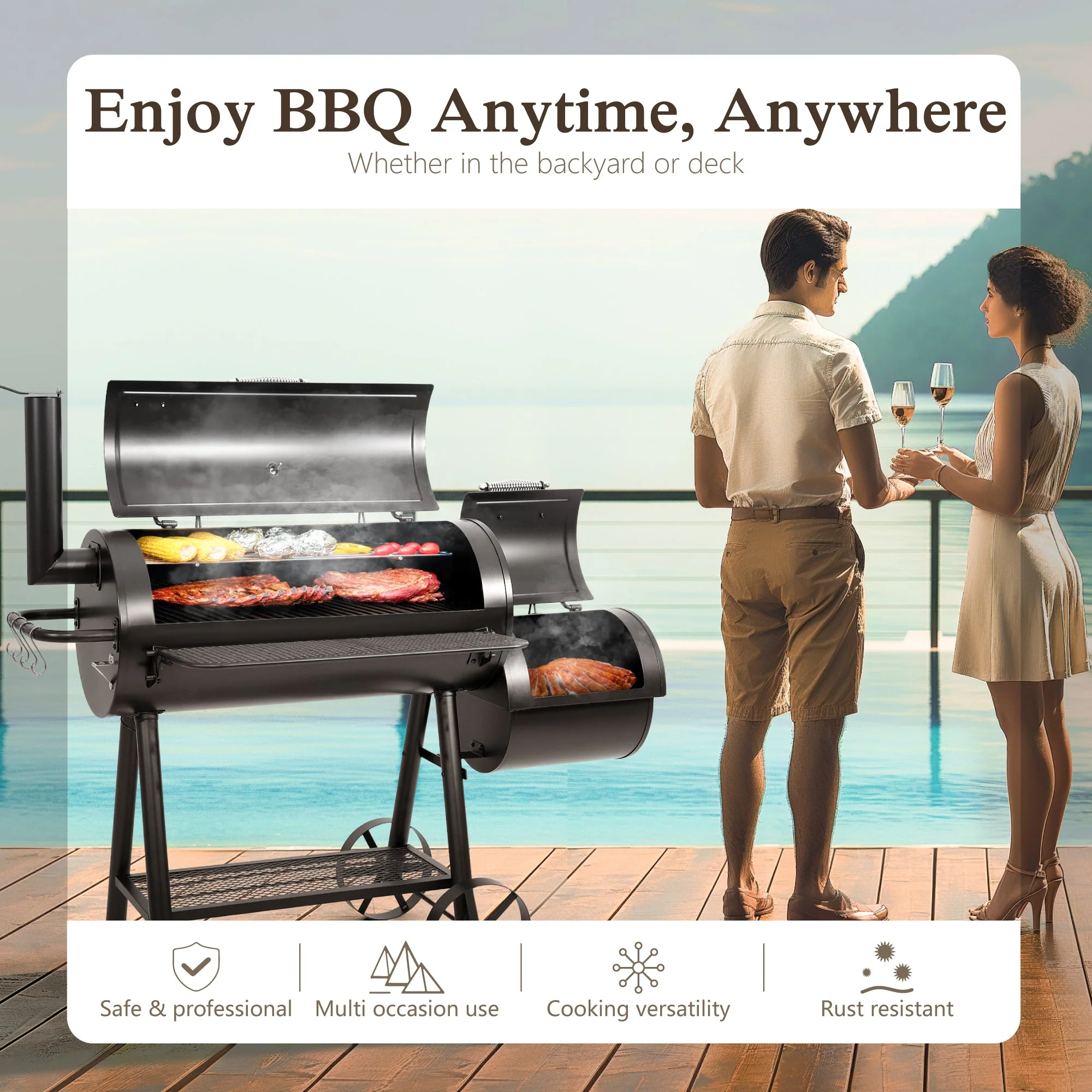 Alpha Joy Heavy Duty BBQ Charcoal Grill with Offset Smoker Overlarge 941 sq.in. Cooking Area