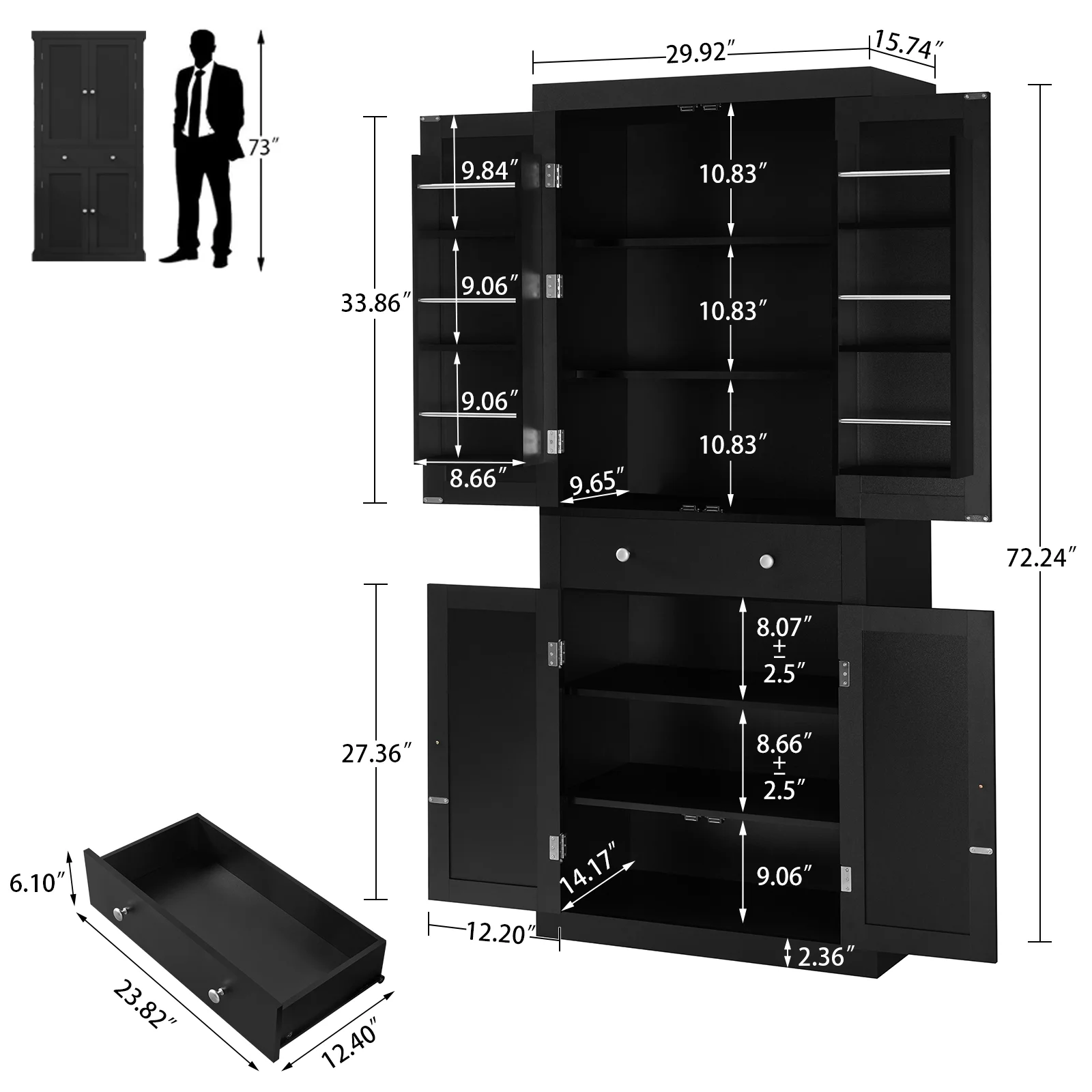 TEENFON 72�� Kitchen Pantry Cabinet, Tall Storage Cabinet with 4 Doors and 1 Drawer, Freestanding Cupboard with 6 Hanging Shelves and Adjustable Shelves for Kitchen, Dining Room,Living Room, Black