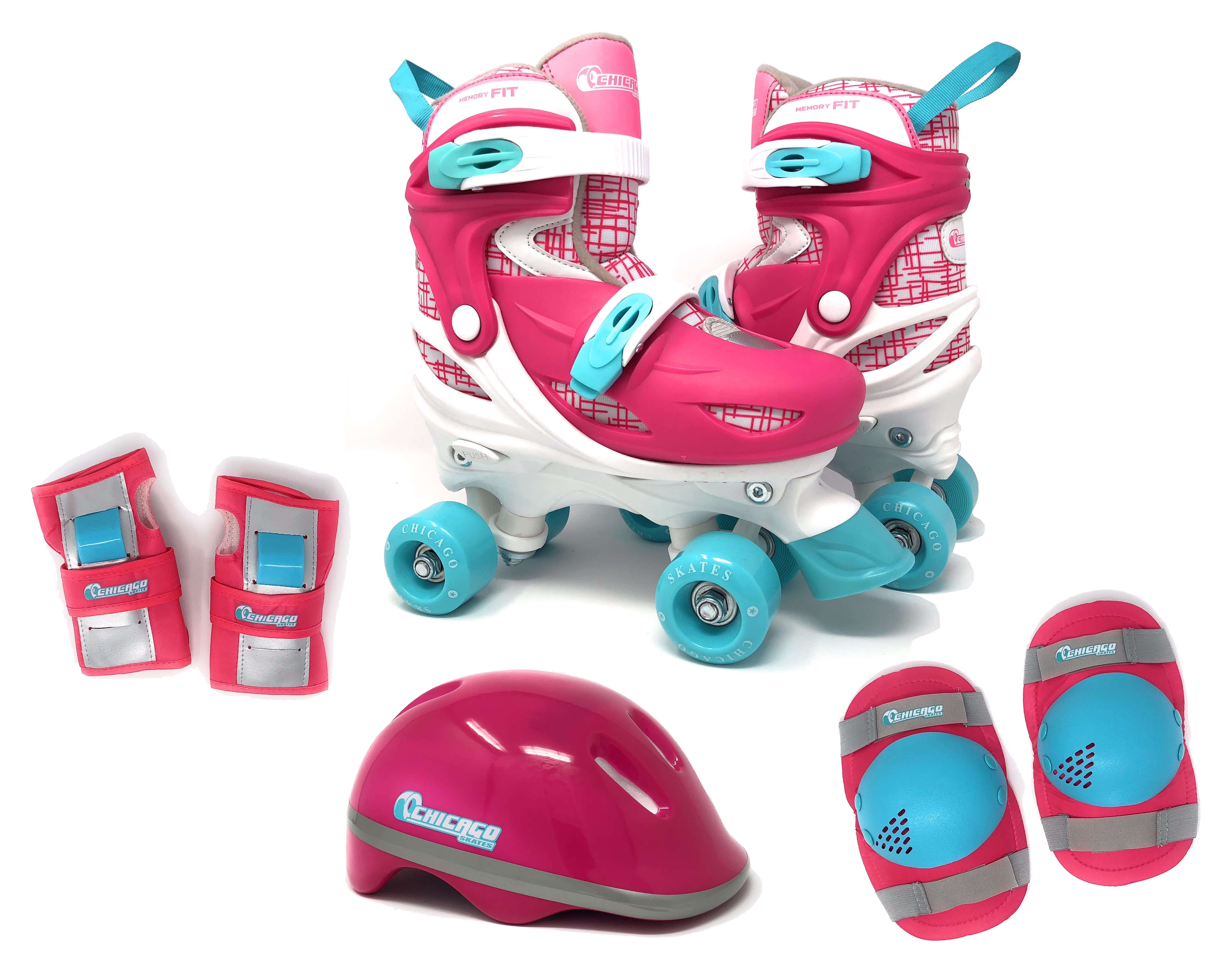 Chicago Skates Adjustable Quad Roller Skate Combo Set Pink/White/Teal – Skates, Helmet, Knee Pads, And Wrist Guards - Size Medium(1-4)