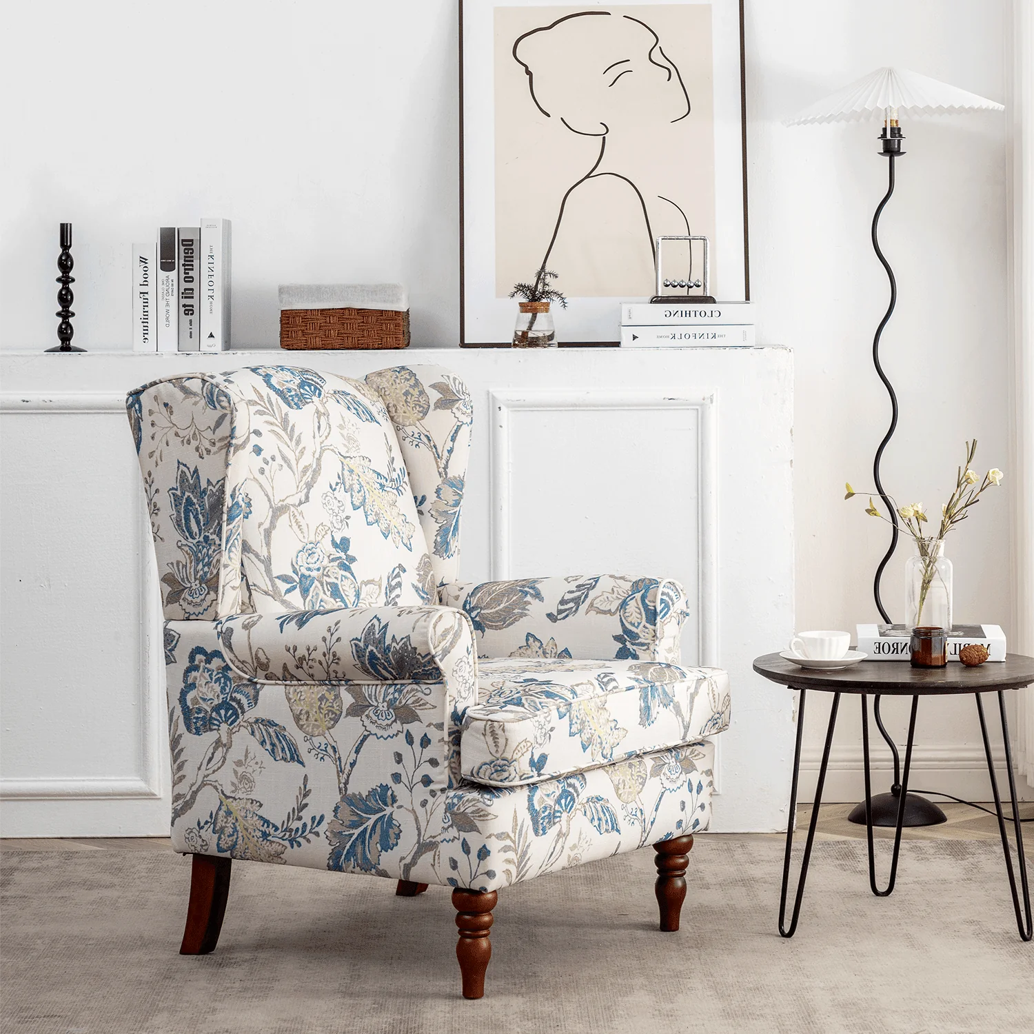 Hommow Upholstered Accent Chair, Floral Print Fabric Armchair,Blue