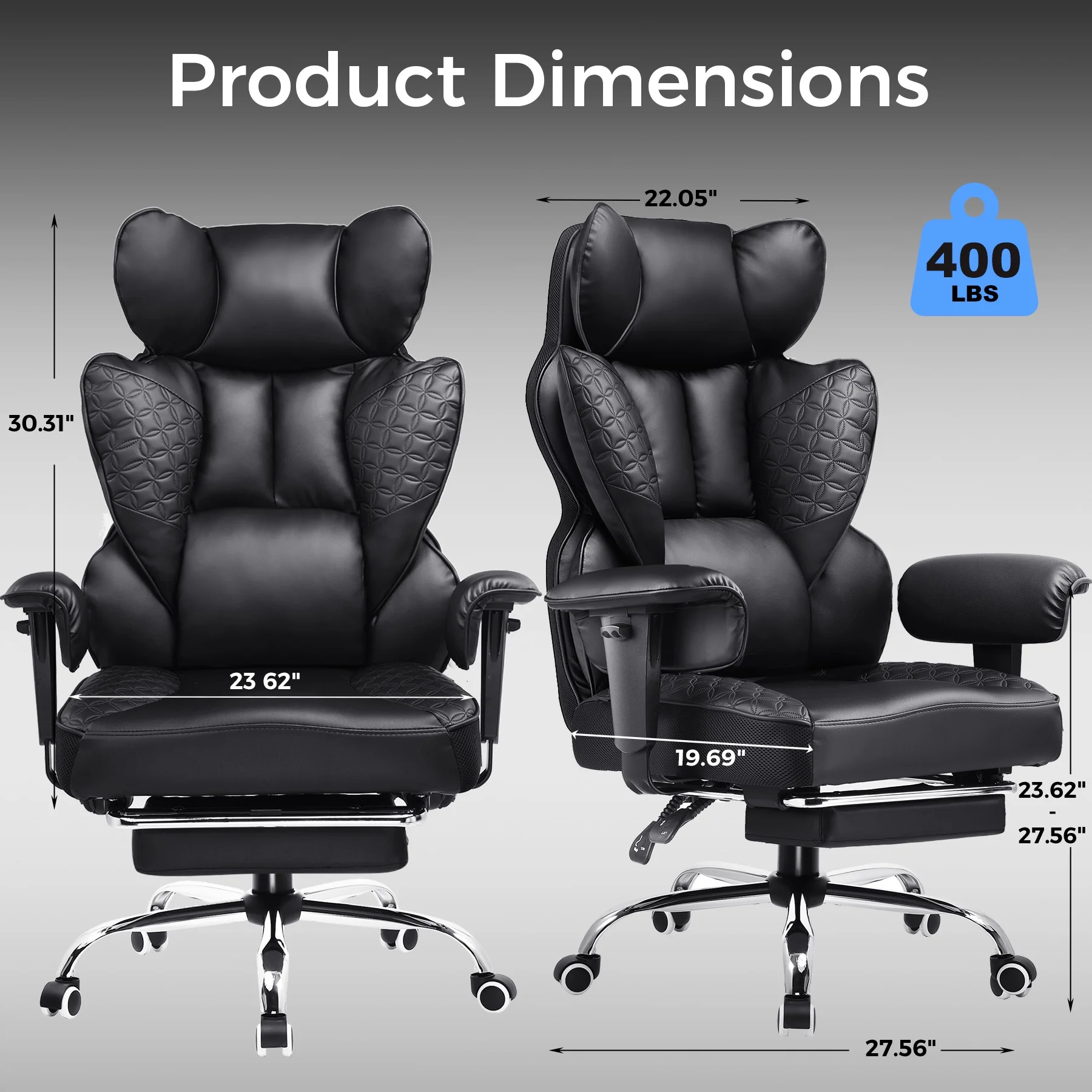 LUCKLIFE Big & Tall Office & Gaming Chair 400LBS Capacity, Wide Ergonomic Seat with Footrest, Adjustable Armrests, Black