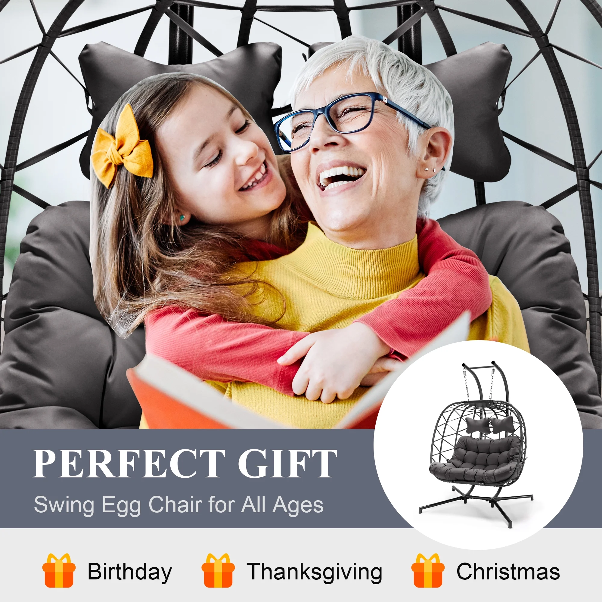 RADIATA Double Wicker Egg Swing Chair with Stand, 2-Person Hanging Egg Chair for Indoor/Outdoor, 700lbs Capacity, Thick Cushions & Headrest,Sturdy Metal Frame��Dark Gray