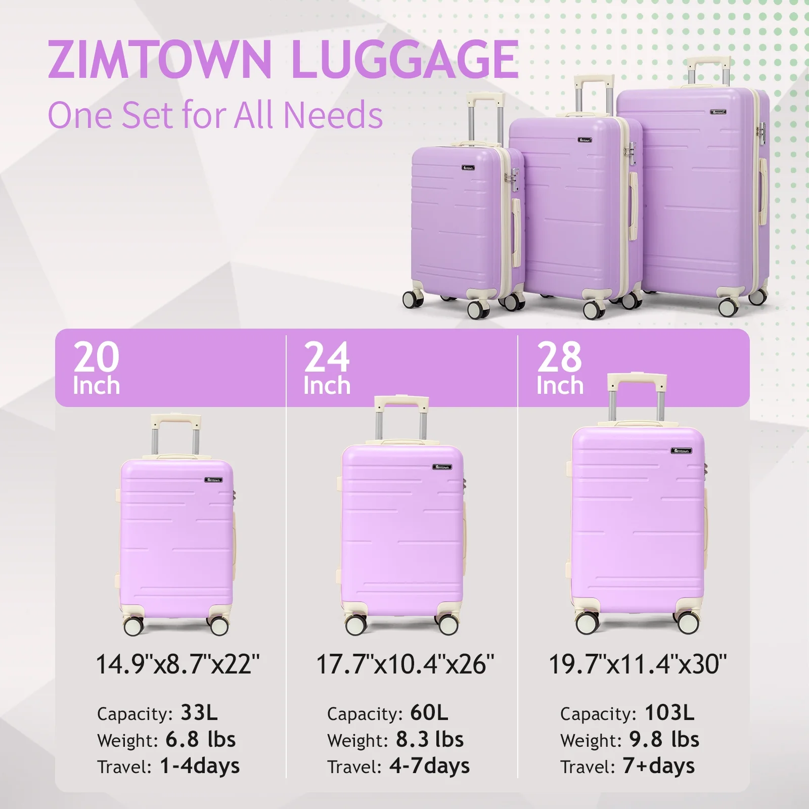 Zimtown 3 Piece Luggage Set, Carry on Suitcase Sets Hardside Lightweight Spinner with TSA Lock, Purple