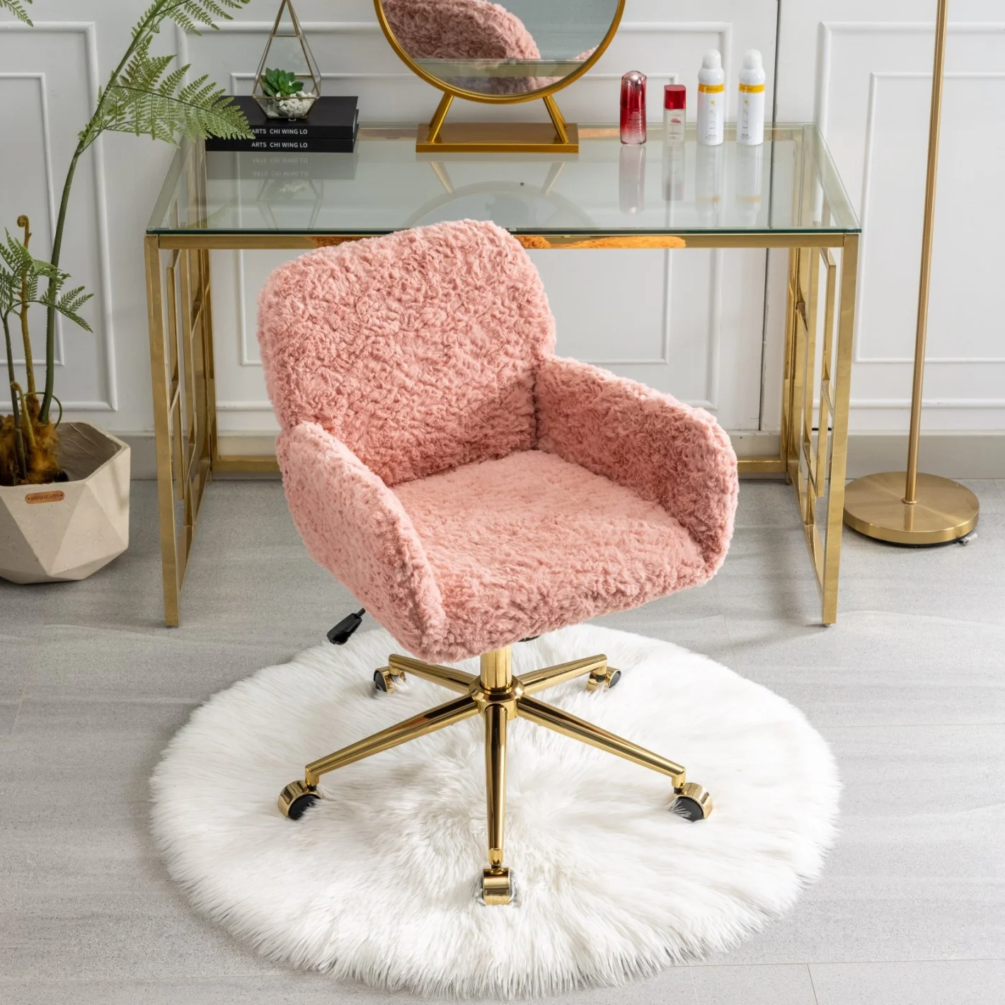 Furniture Office Chair,  Artificial Rabbit Hair Makeup Vanity Chair Chair, 360 Comfy Swivel Armchair with Wheels, Modern Height Adjustable Cute Vanity Chair for Living Room Small Spaces Pink