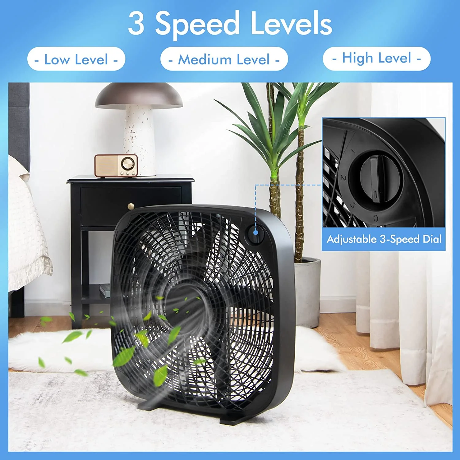 3-Speed Box Fan, 20 inch Floor Fan for Full-Force Circulation with Air Conditioner, 3 Settings, Adjustable Dial, Carrying Handle, Portable Floor Fan for Home, Compact & Lightweight (Black)
