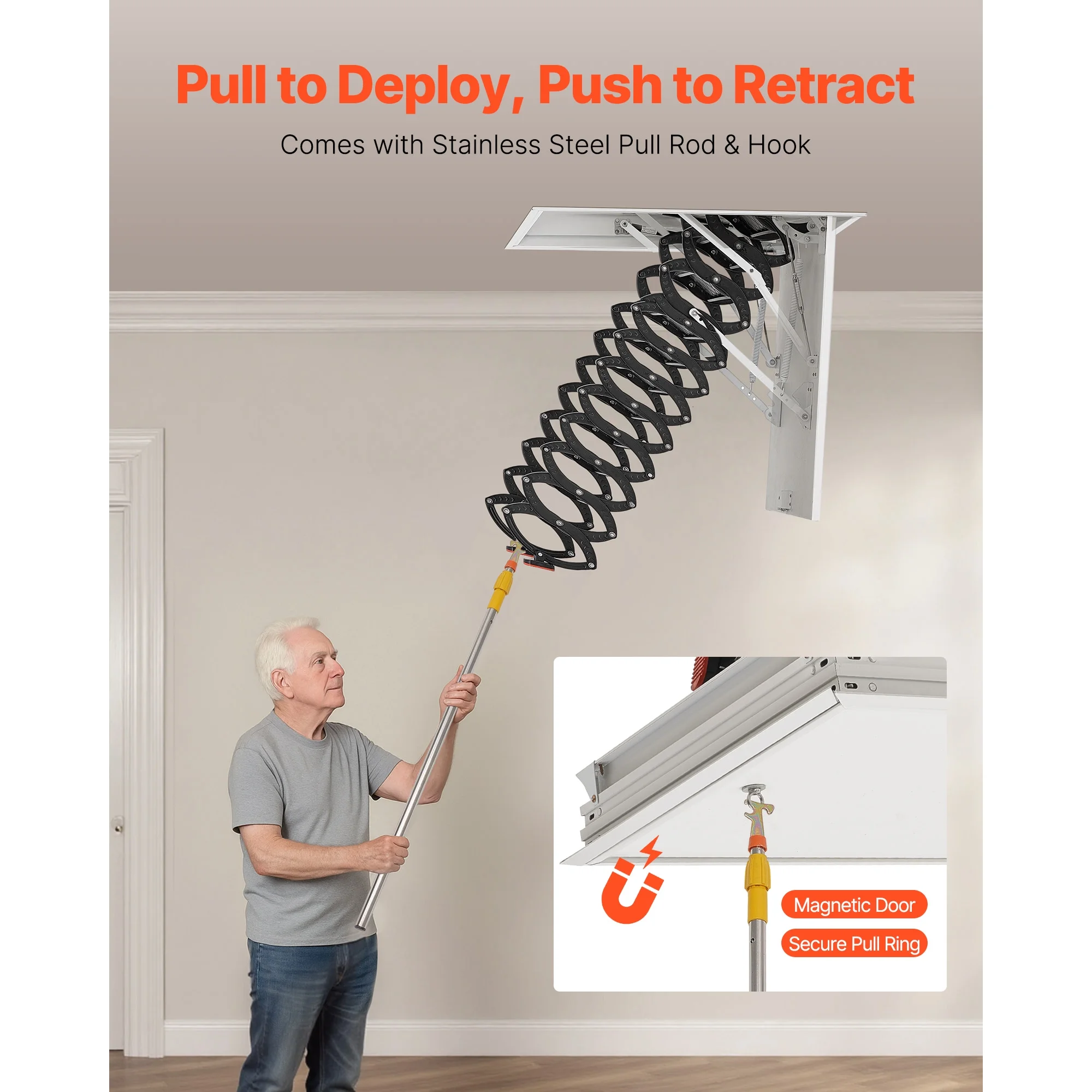 KFFKFF Retractable Attic Ladder, 660 lbs Capacity, Compatible with 9.5-10.2 ft Ceiling Heights and 39.4 x 27.5 inch Openings, Alloy Steel Pull-Down Ceiling Stair with Pulling Rod for Loft Access