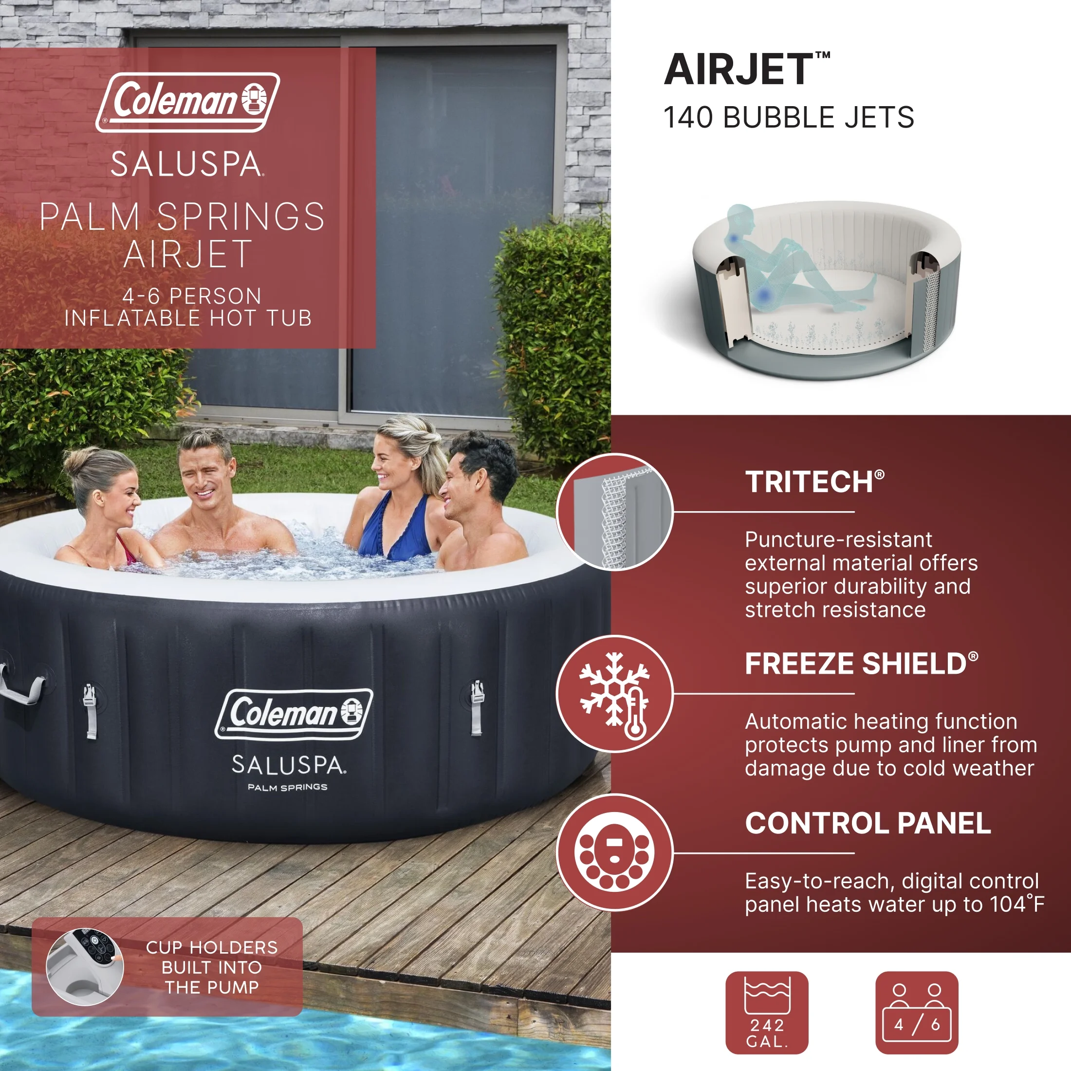 Coleman SaluSpa Palm Springs AirJet Inflatable Circle Hot Tub Spa 4-6 Person with Pump #P08411