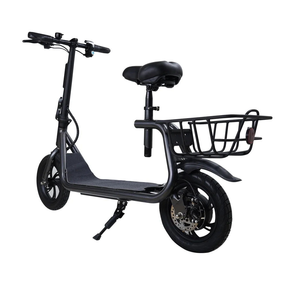Electric Scooter Adult with Seat, 12 inch Tires 350W Motor Foldable E-Bicycle with Basket Dual Disc Brakes