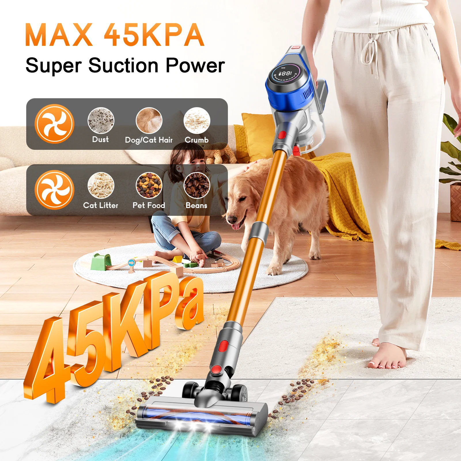 BSNAW Cordless Vacuum Cleaner,8-in-1 Lightweight 45KPa Powerful Suction Stick Vacuum,45Mins Runtime for Carpet, Hard Floor, Pet Hair