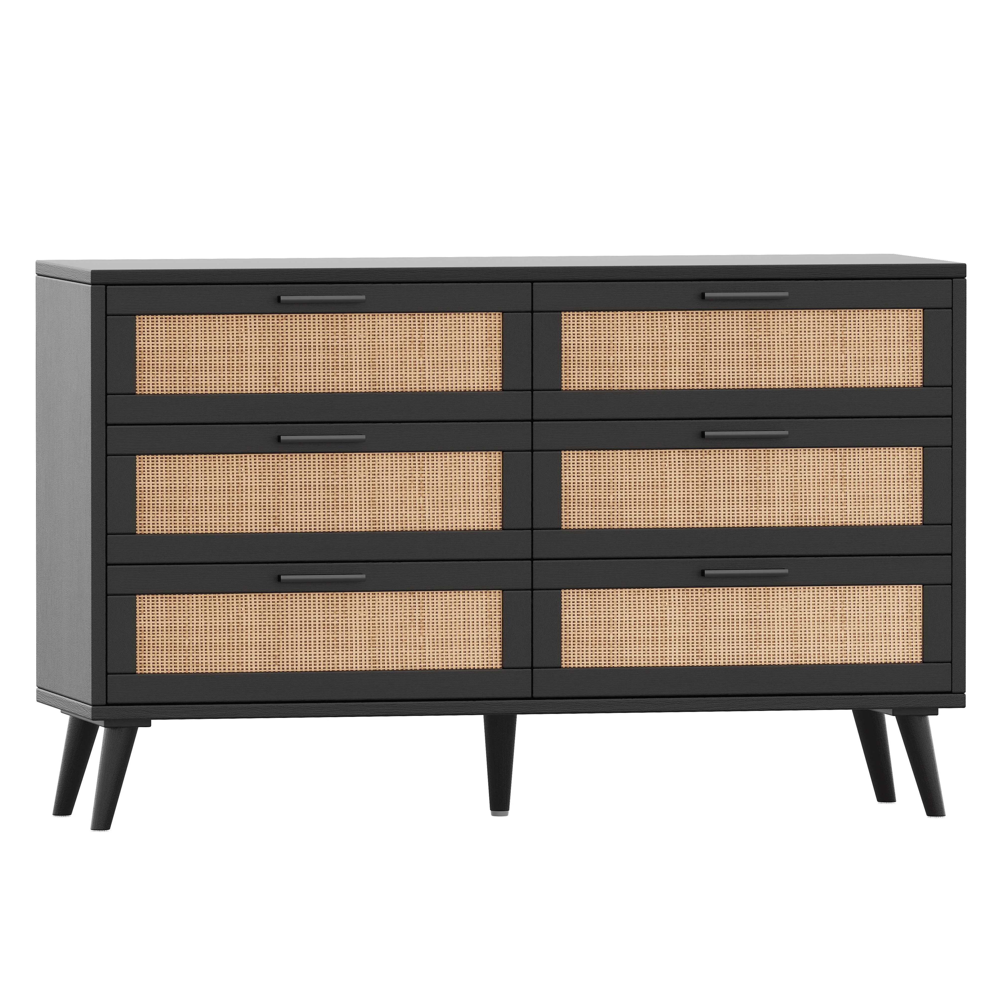 Rovaurx 6 Drawer Double Dresser Chest, Bedroom Chest of Dressers, Rattan Beside Table, Natural