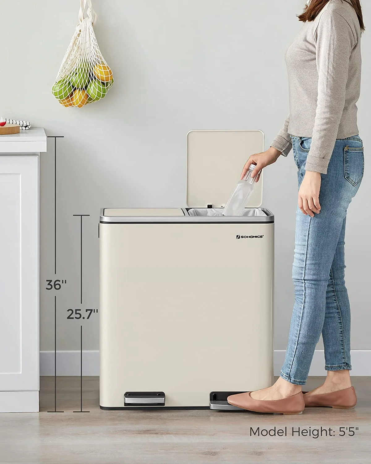 16 Gallon Dual Trash Can, Rubbish Bin and 15 Trash Bags, Metal, Almond Color