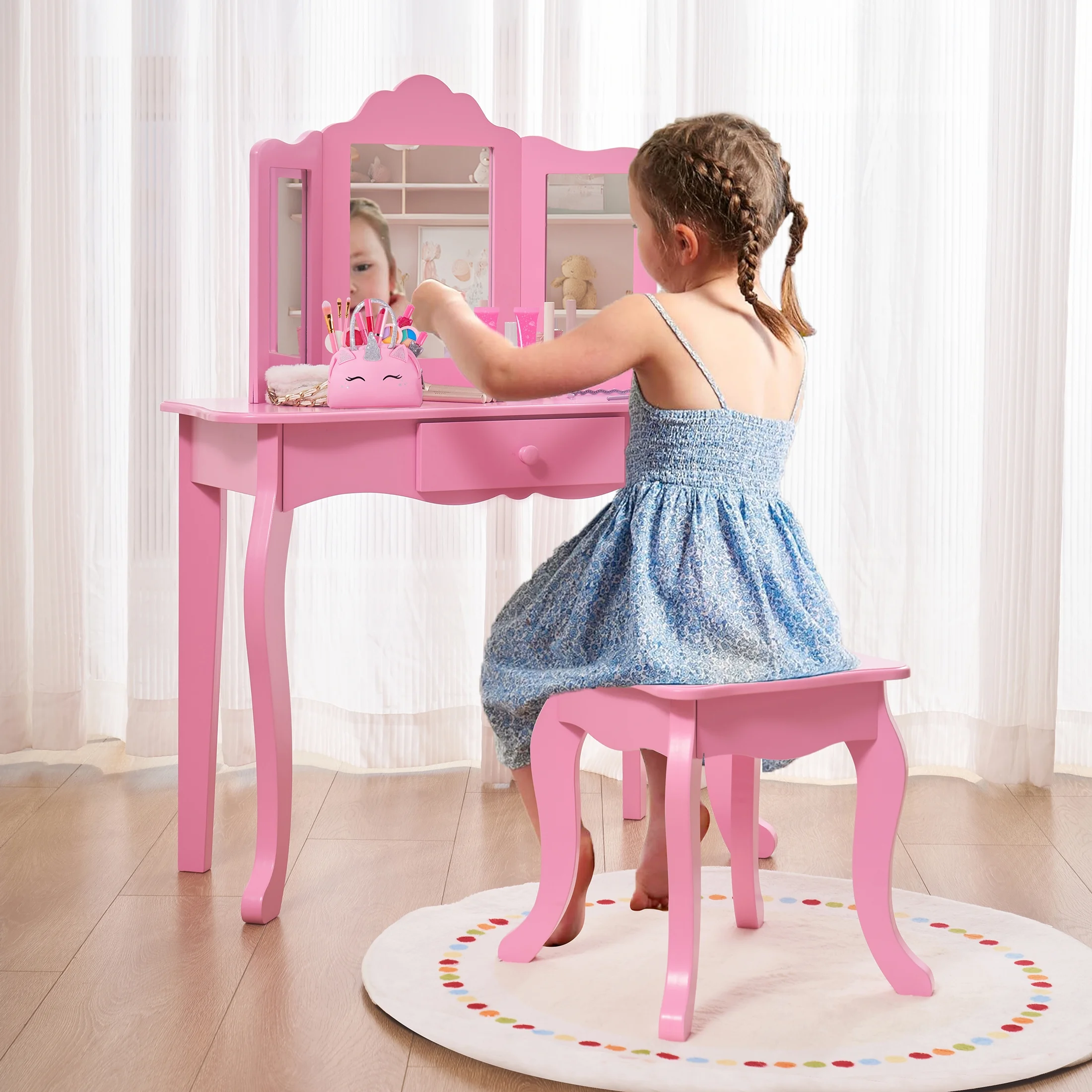 Your Zone Kids Makeup Vanity Set With Table And Stool, Pink