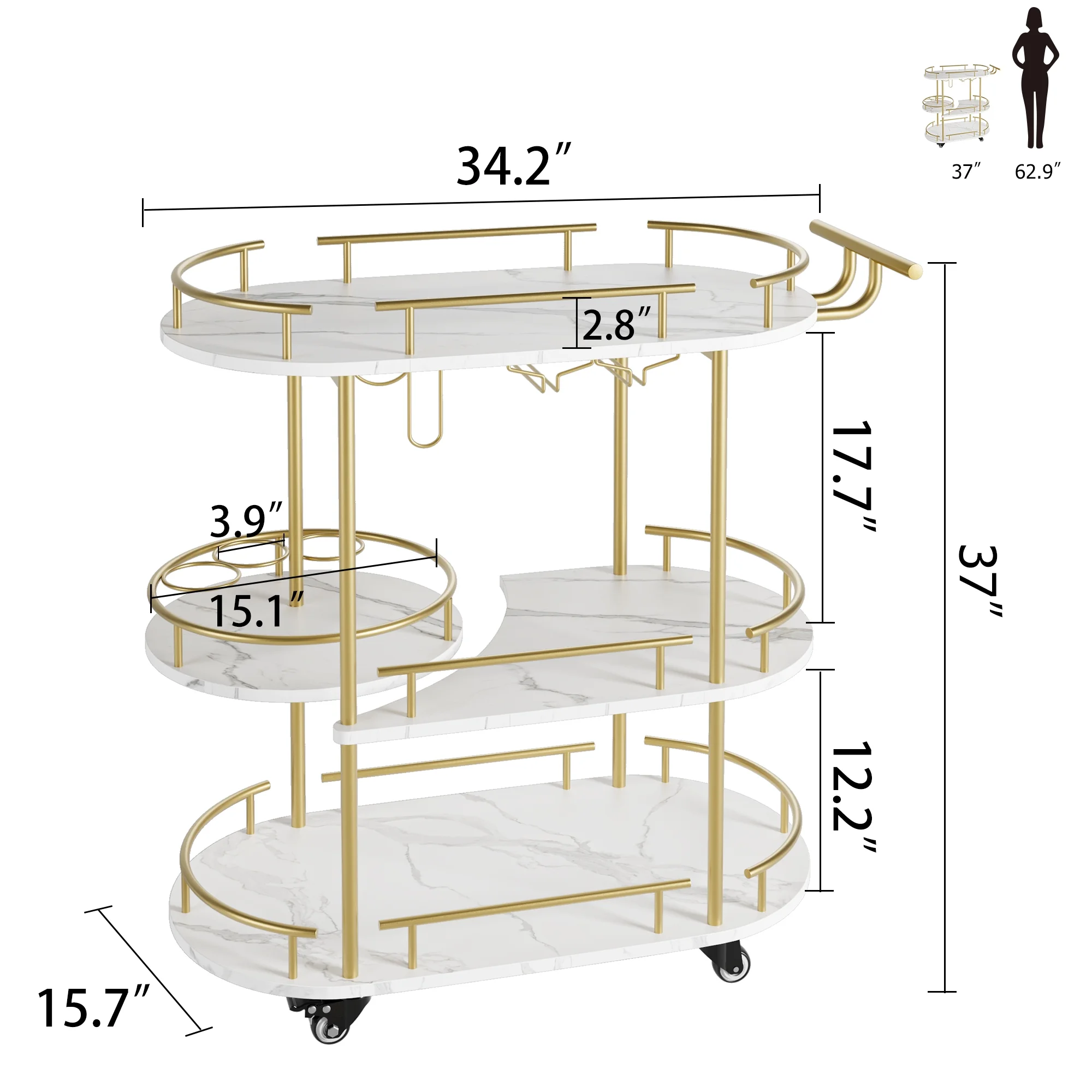 Garvee Bar Serving Cart, 3-Tier Storage Shelves & Wine Rack and Glass Holder, Golden & White