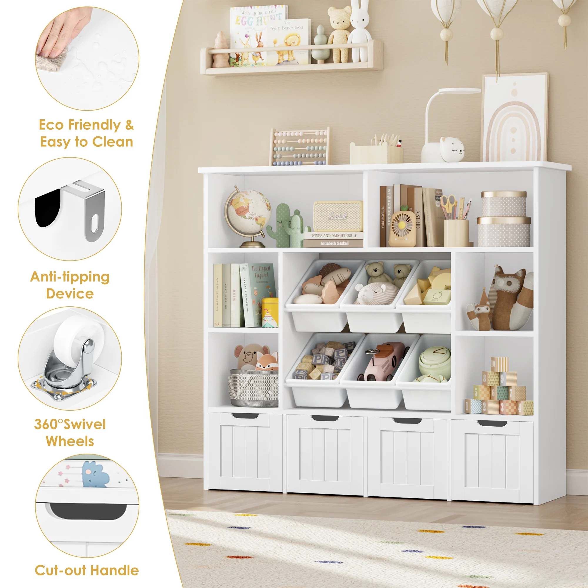 Hiphuta Large 4 Tier Kids Bookcase, Wood Toy Organizer of 6 Boxes & 4 Removable Drawers, Bookshelf for Kids Room, White