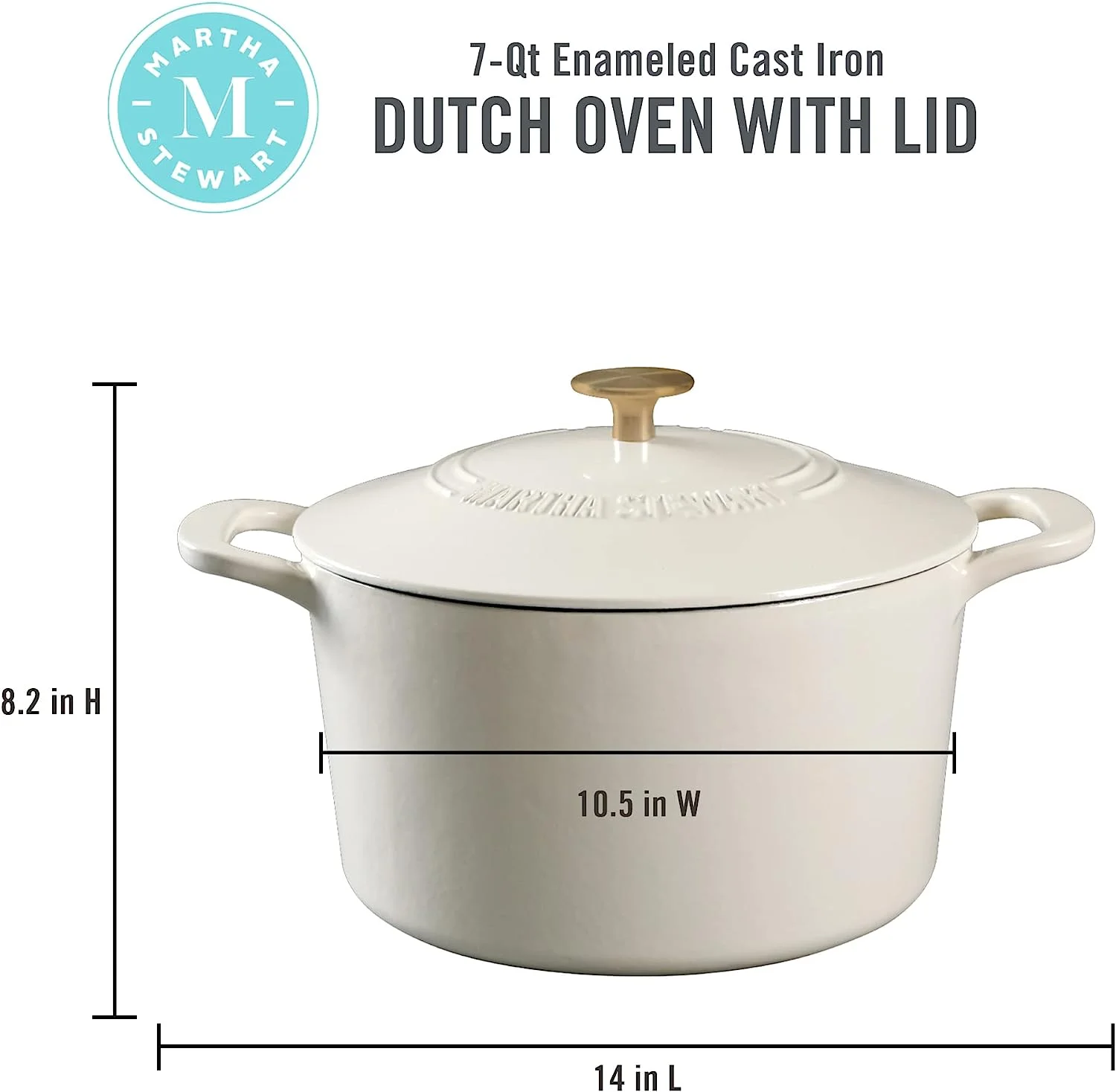 MARTHA STEWART Gatwick 7 QT Enamel Cast Iron Dutch Oven, Linen w/Gold Knob Linen w/ Gold Knob 7-Quart