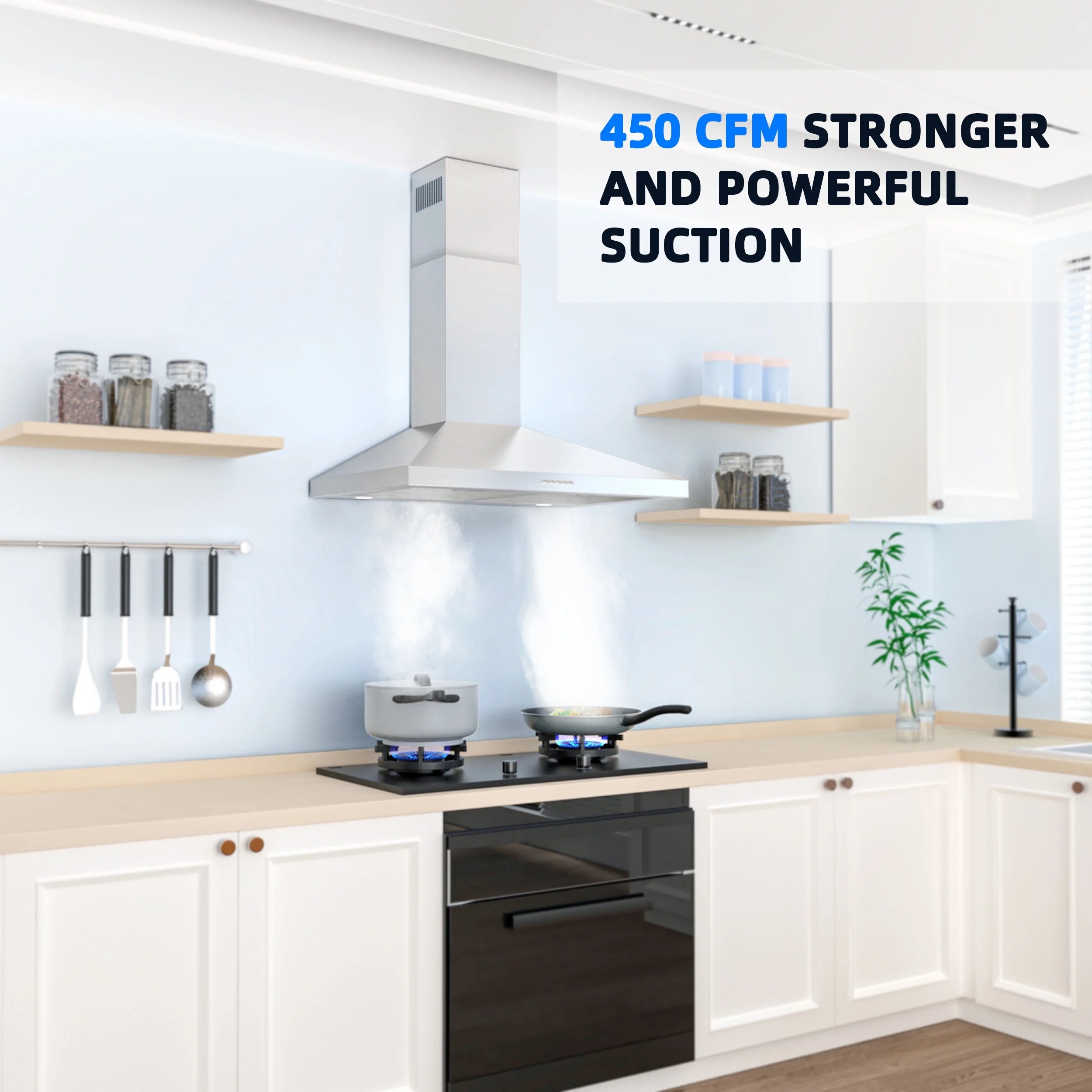 FIREGAS 30 Inch Wall Mount Range Hood, 450 CFM Ducted/Ductless Convertible Kitchen Vent Hood